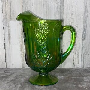 Green Vintage Indians Glass Footed Pitcher with Harvest Grape Design